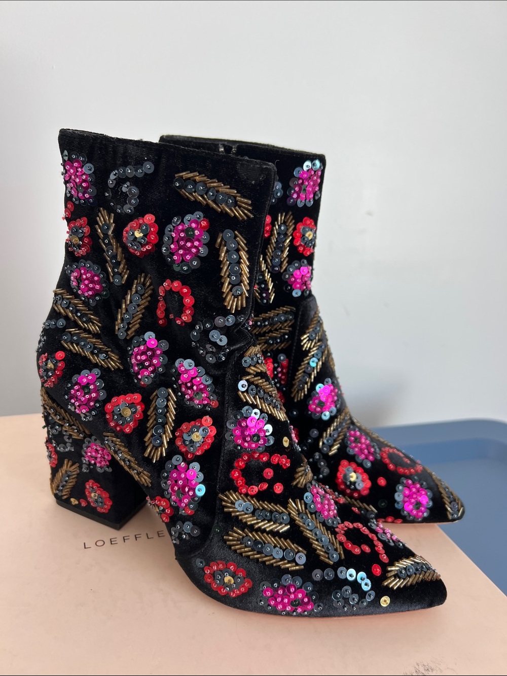 Loeffler Randall isla black velvet multicolored sequins heeled pointed toe boots